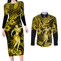 Hawaii Hula Girl Couples Matching Long Sleeve Bodycon Dress and Long Sleeve Button Shirts Hibiscus Hawaii Tribal Tattoo Yellow Version LT01 Yellow - Polynesian Pride