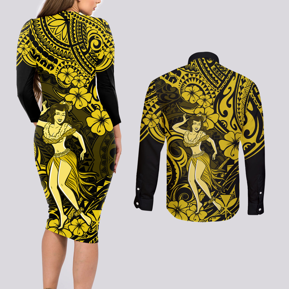 Hawaii Hula Girl Couples Matching Long Sleeve Bodycon Dress and Long Sleeve Button Shirts Hibiscus Hawaii Tribal Tattoo Yellow Version LT01 - Polynesian Pride