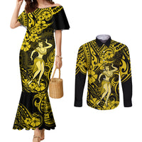 Hawaii Hula Girl Couples Matching Mermaid Dress and Long Sleeve Button Shirts Hibiscus Hawaii Tribal Tattoo Yellow Version LT01 Yellow - Polynesian Pride
