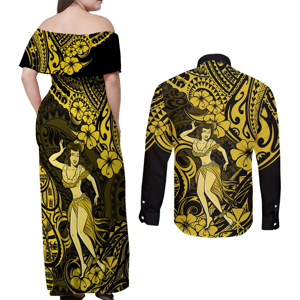 Hawaii Hula Girl Couples Matching Off Shoulder Maxi Dress and Long Sleeve Button Shirts Hibiscus Hawaii Tribal Tattoo Yellow Version LT01 - Polynesian Pride