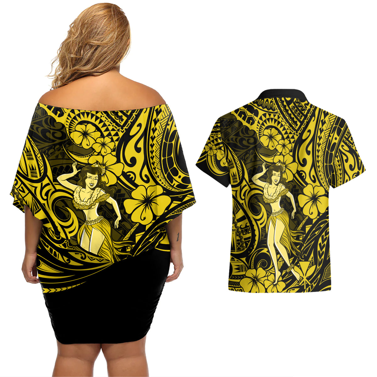 Hawaii Hula Girl Couples Matching Off Shoulder Short Dress and Hawaiian Shirt Hibiscus Hawaii Tribal Tattoo Yellow Version LT01 - Polynesian Pride