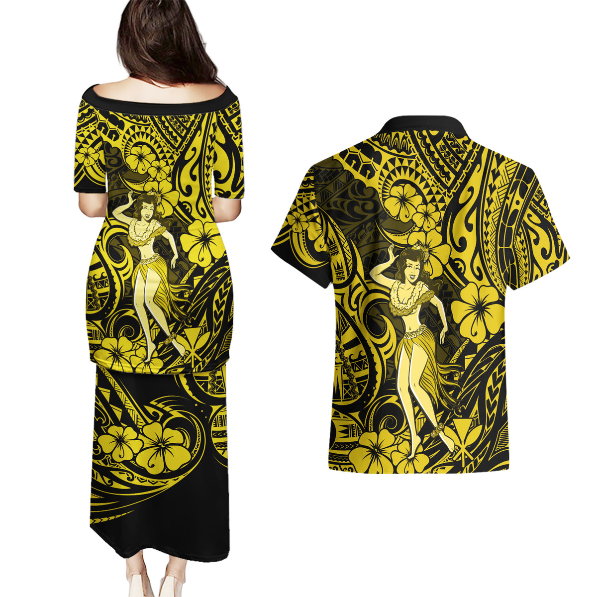 Hawaii Hula Girl Couples Matching Puletasi Dress and Hawaiian Shirt Hibiscus Hawaii Tribal Tattoo Yellow Version LT01 - Polynesian Pride