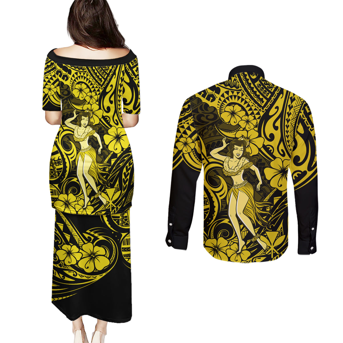 Hawaii Hula Girl Couples Matching Puletasi Dress and Long Sleeve Button Shirts Hibiscus Hawaii Tribal Tattoo Yellow Version LT01 - Polynesian Pride