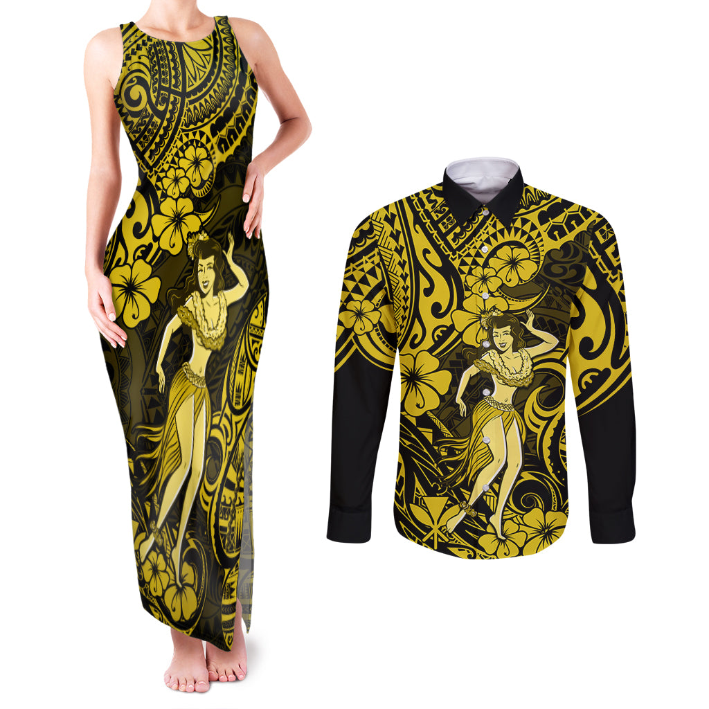 Hawaii Hula Girl Couples Matching Tank Maxi Dress and Long Sleeve Button Shirts Hibiscus Hawaii Tribal Tattoo Yellow Version LT01 Yellow - Polynesian Pride