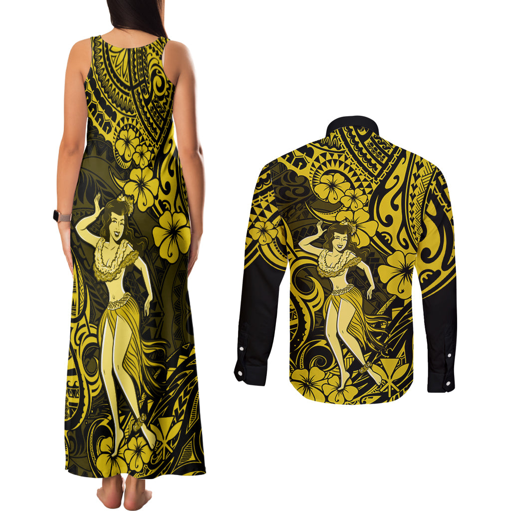 Hawaii Hula Girl Couples Matching Tank Maxi Dress and Long Sleeve Button Shirts Hibiscus Hawaii Tribal Tattoo Yellow Version LT01 - Polynesian Pride