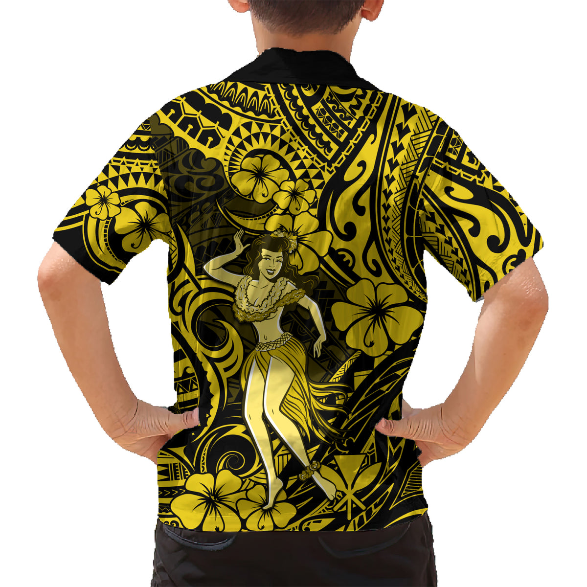 Hawaii Hula Girl Family Matching Short Sleeve Bodycon Dress and Hawaiian Shirt Hibiscus Hawaii Tribal Tattoo Yellow Version LT01 - Polynesian Pride