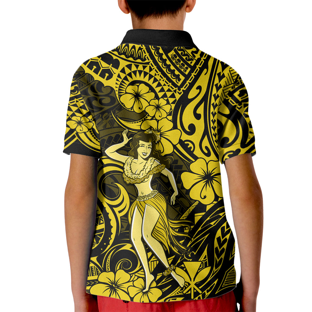 Hawaii Hula Girl Kid Polo Shirt Hibiscus Hawaii Tribal Tattoo Yellow Version LT01 - Polynesian Pride