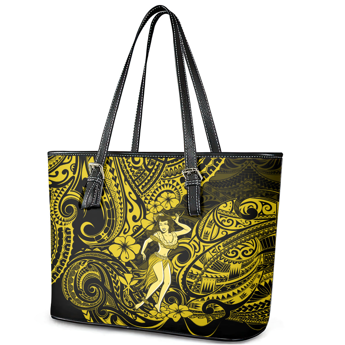 Hawaii Hula Girl Leather Tote Bag Hibiscus Hawaii Tribal Tattoo Yellow Version LT01 - Polynesian Pride