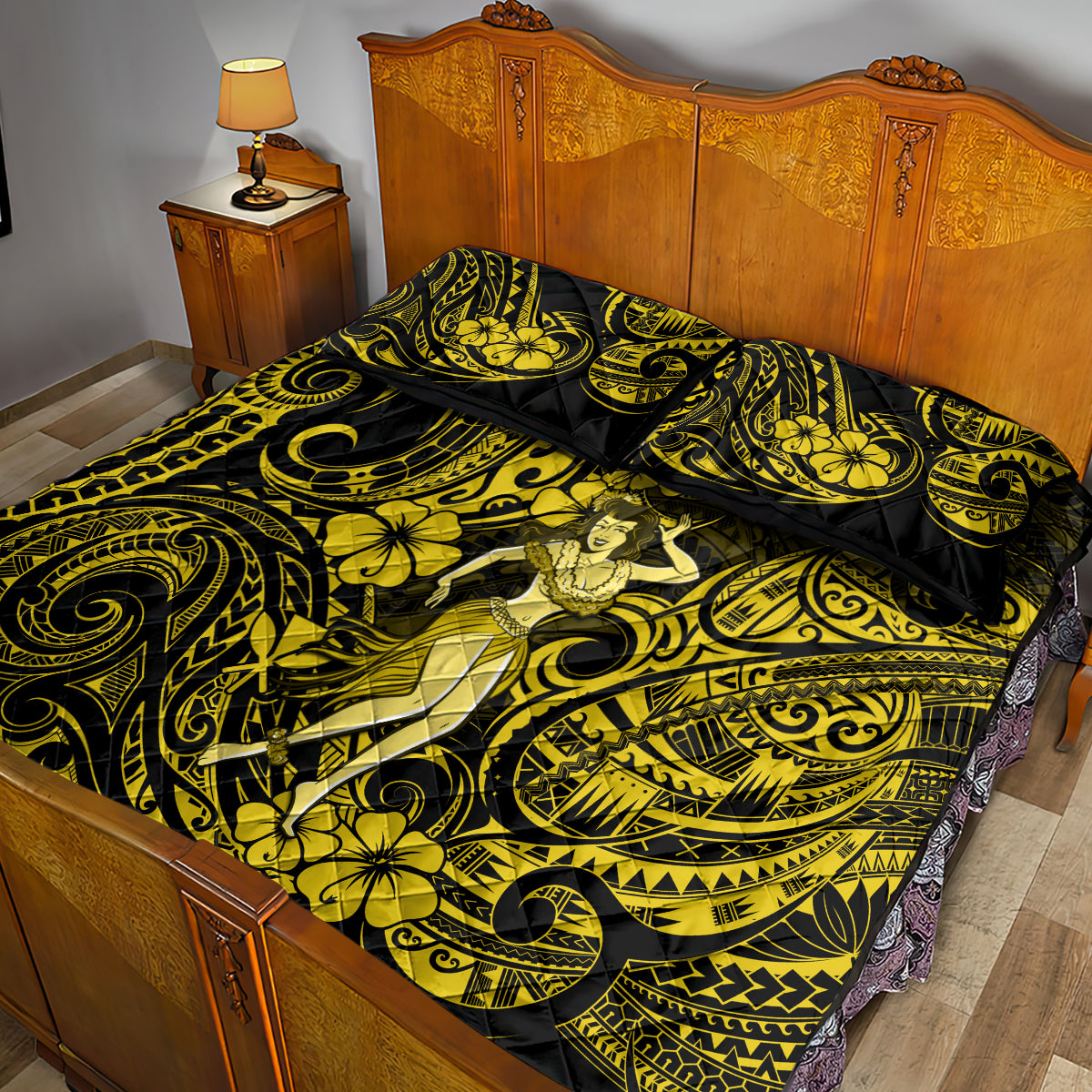 Hawaii Hula Girl Quilt Bed Set Hibiscus Hawaii Tribal Tattoo Yellow Version LT01 - Polynesian Pride