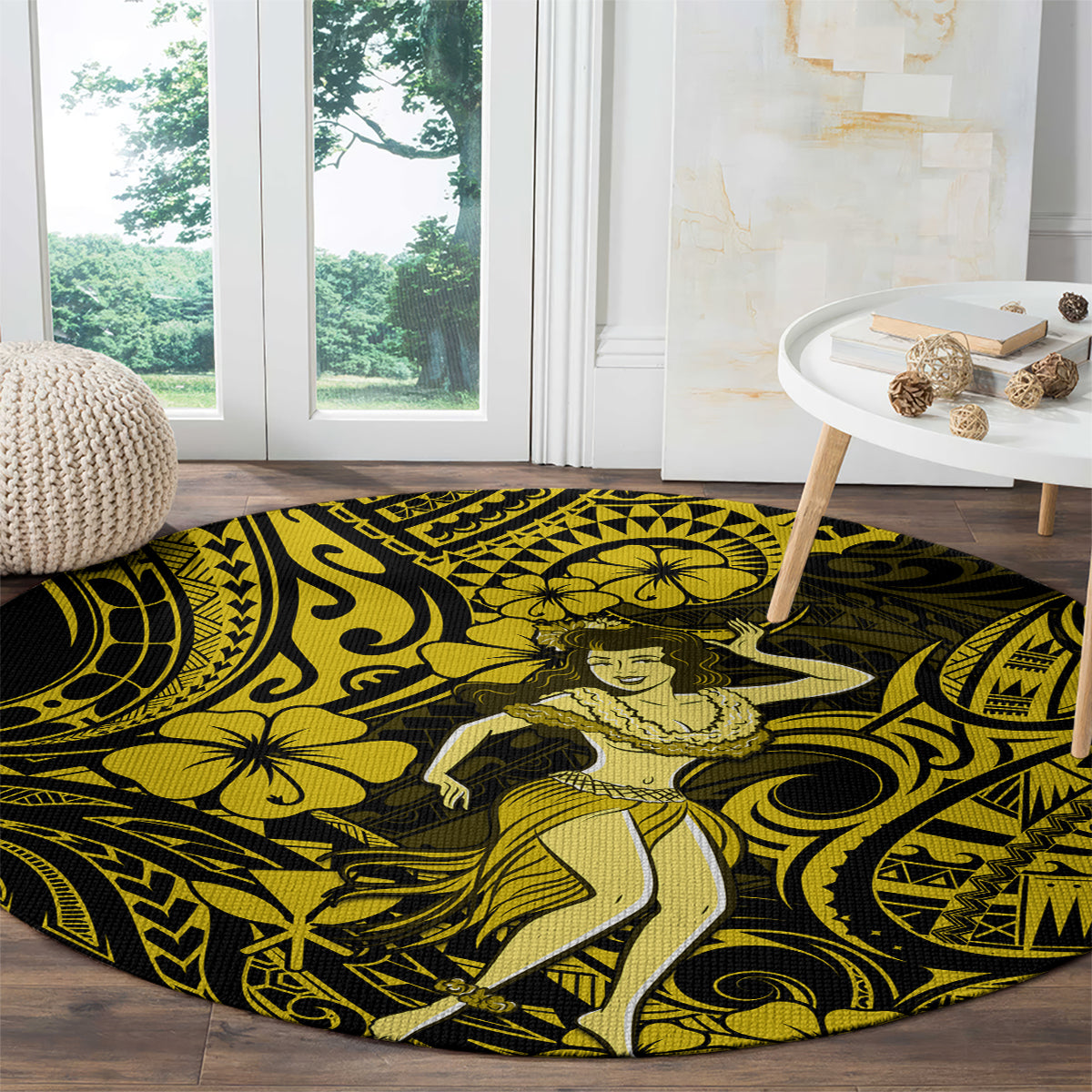 Hawaii Hula Girl Round Carpet Hibiscus Hawaii Tribal Tattoo Yellow Version LT01 - Polynesian Pride