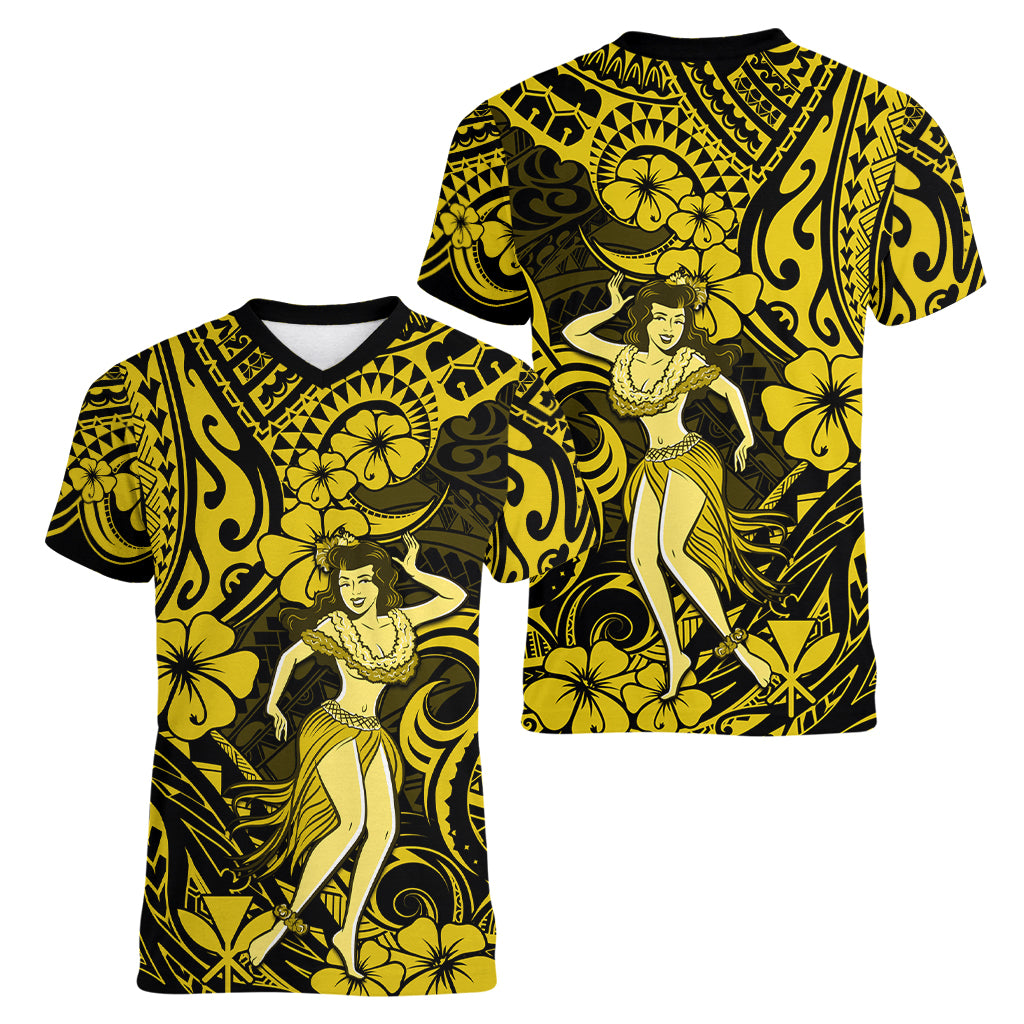 Hawaii Hula Girl Women V Neck T Shirt Hibiscus Hawaii Tribal Tattoo Yellow Version LT01 - Polynesian Pride