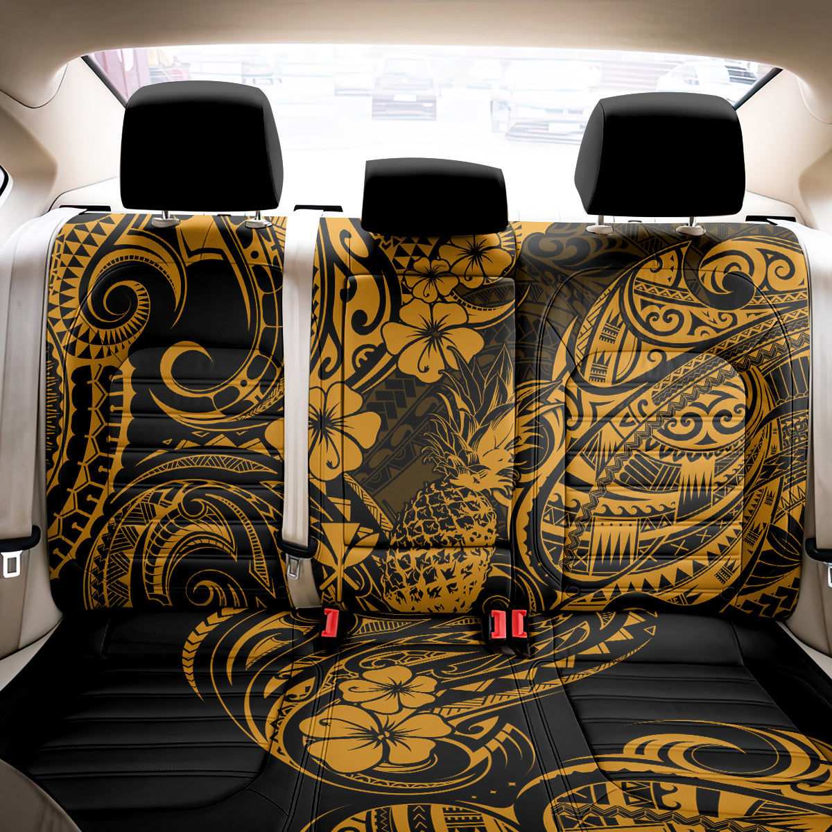 Hawaii Pineapple Back Car Seat Cover Paradise Flowers Pacific With Gold Polynesian Tribal