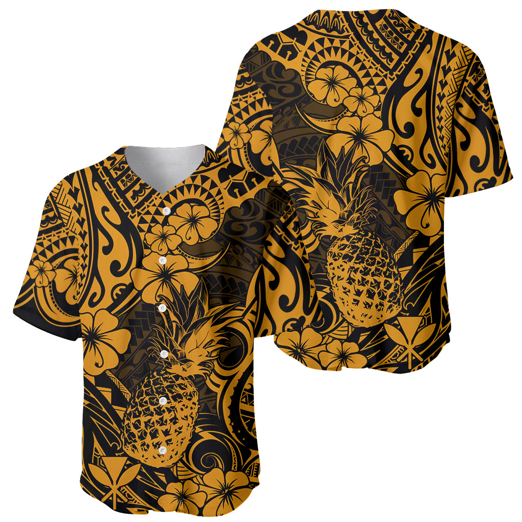Hawaii Pineapple Baseball Jersey Paradise Flowers Pacific With Gold Polynesian Tribal LT01 - Polynesian Pride