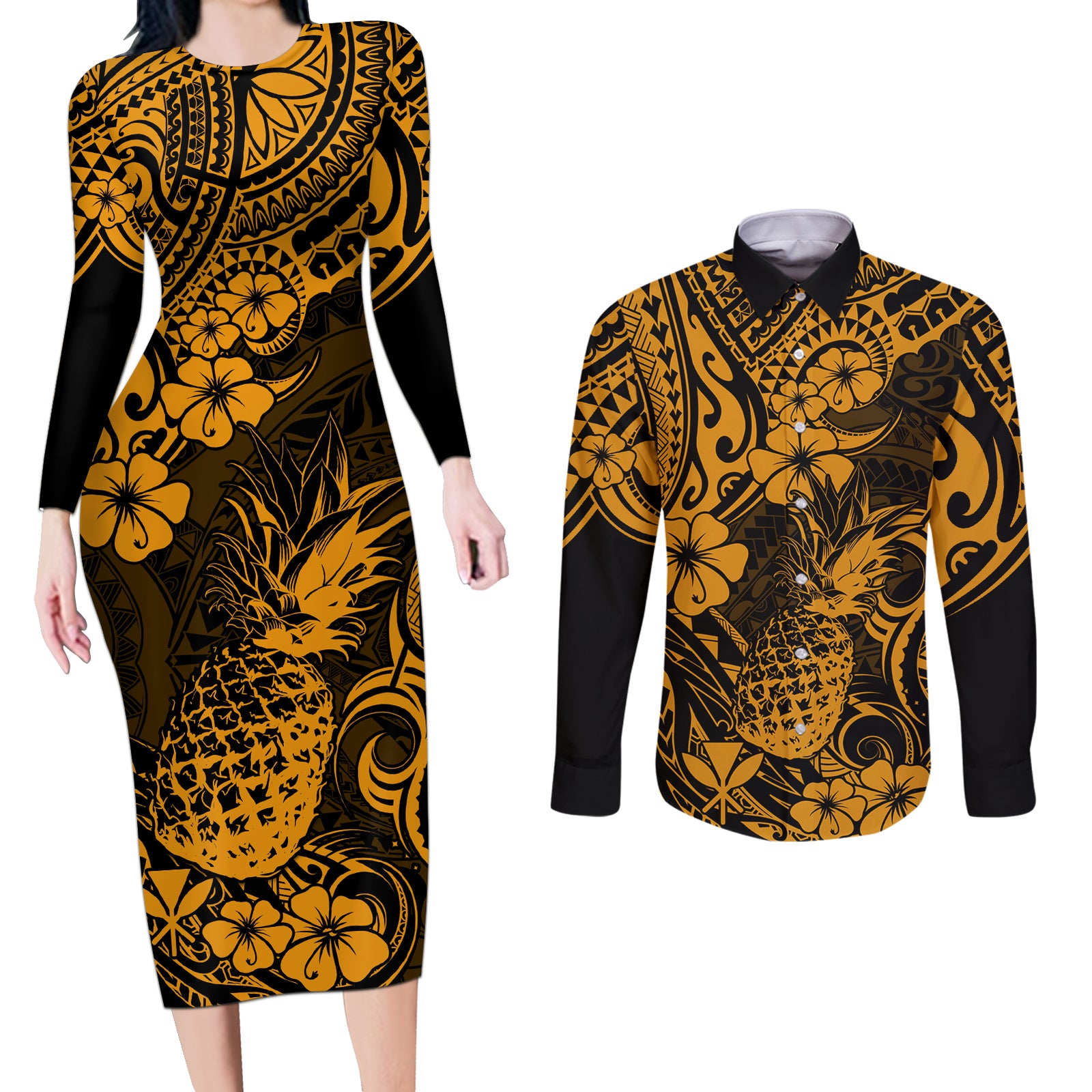 Hawaii Pineapple Couples Matching Long Sleeve Bodycon Dress and Long Sleeve Button Shirts Paradise Flowers Pacific With Gold Polynesian Tribal LT01 Gold - Polynesian Pride