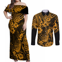 Hawaii Pineapple Couples Matching Off Shoulder Maxi Dress and Long Sleeve Button Shirts Paradise Flowers Pacific With Gold Polynesian Tribal LT01 Gold - Polynesian Pride