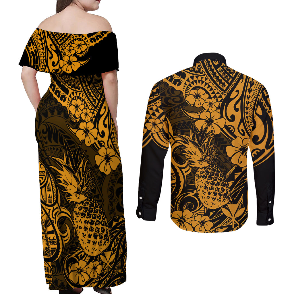 Hawaii Pineapple Couples Matching Off Shoulder Maxi Dress and Long Sleeve Button Shirts Paradise Flowers Pacific With Gold Polynesian Tribal LT01 - Polynesian Pride