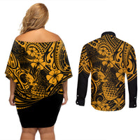 Hawaii Pineapple Couples Matching Off Shoulder Short Dress and Long Sleeve Button Shirts Paradise Flowers Pacific With Gold Polynesian Tribal LT01 - Polynesian Pride