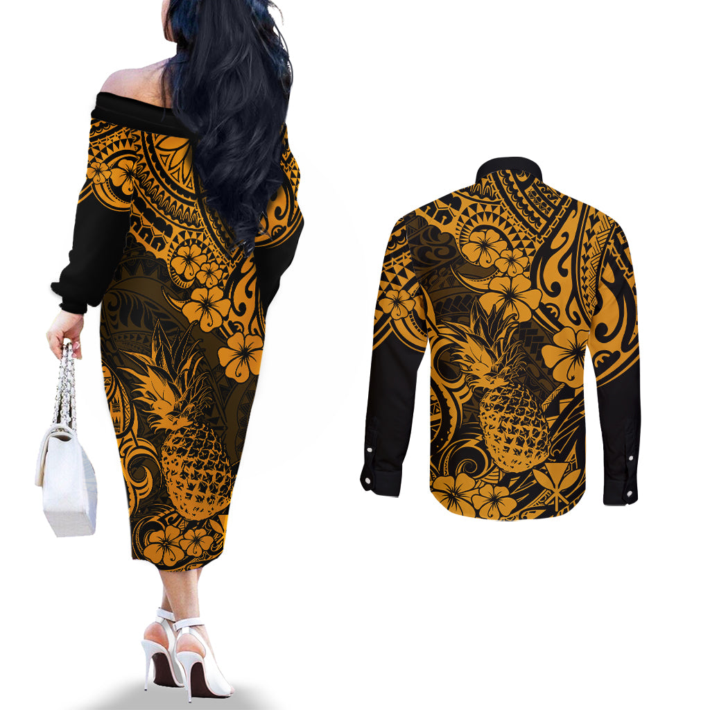Hawaii Pineapple Couples Matching Off The Shoulder Long Sleeve Dress and Long Sleeve Button Shirts Paradise Flowers Pacific With Gold Polynesian Tribal LT01 - Polynesian Pride