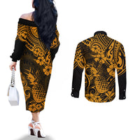 Hawaii Pineapple Couples Matching Off The Shoulder Long Sleeve Dress and Long Sleeve Button Shirts Paradise Flowers Pacific With Gold Polynesian Tribal LT01 - Polynesian Pride