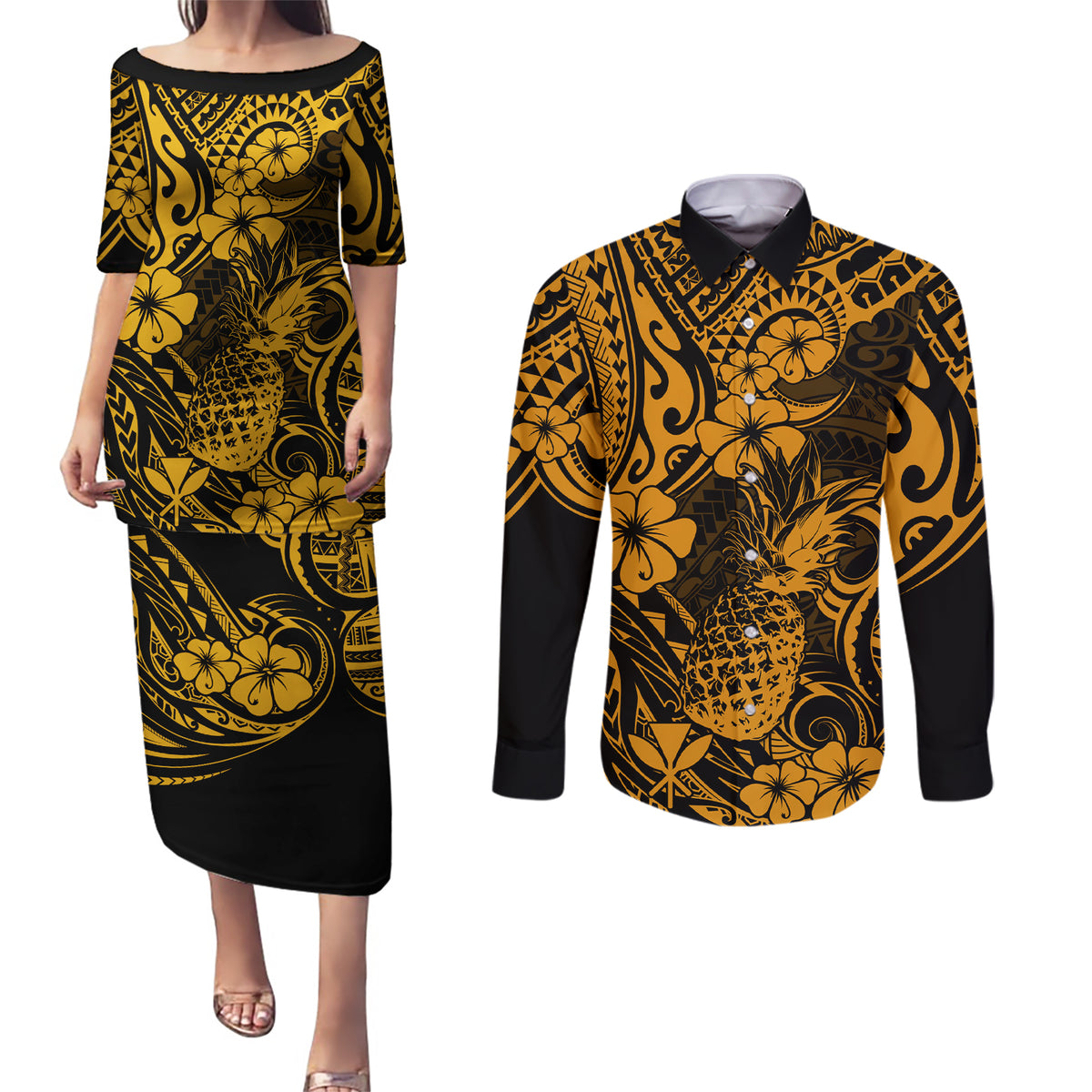 Hawaii Pineapple Couples Matching Puletasi Dress and Long Sleeve Button Shirts Paradise Flowers Pacific With Gold Polynesian Tribal LT01 Gold - Polynesian Pride