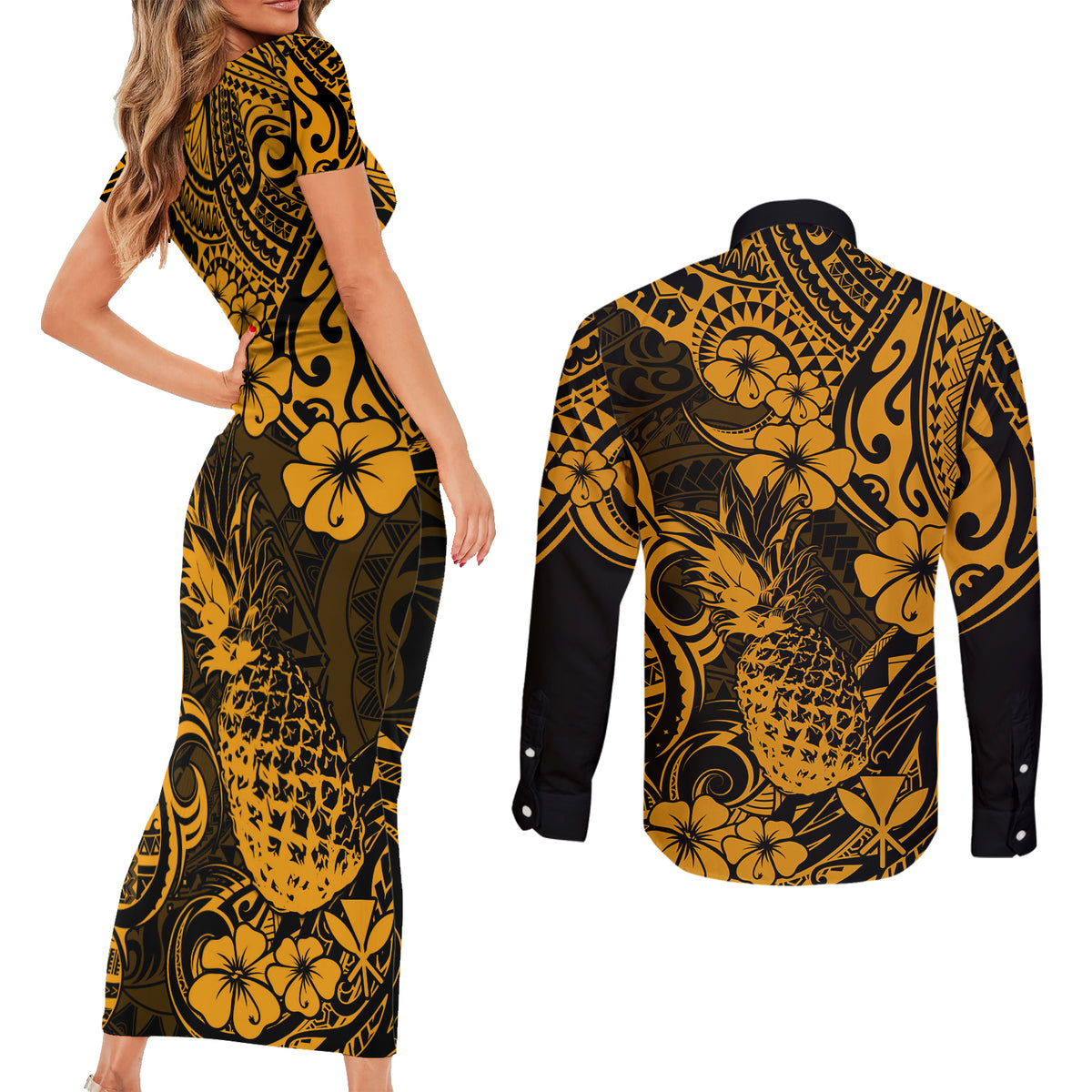 Hawaii Pineapple Couples Matching Short Sleeve Bodycon Dress and Long Sleeve Button Shirts Paradise Flowers Pacific With Gold Polynesian Tribal LT01 - Polynesian Pride