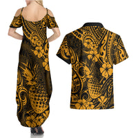 Hawaii Pineapple Couples Matching Summer Maxi Dress and Hawaiian Shirt Paradise Flowers Pacific With Gold Polynesian Tribal LT01 - Polynesian Pride