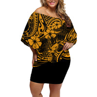 Hawaii Pineapple Family Matching Off Shoulder Short Dress and Hawaiian Shirt Paradise Flowers Pacific With Gold Polynesian Tribal LT01 Mom's Dress Gold - Polynesian Pride