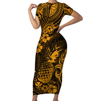 Hawaii Pineapple Family Matching Short Sleeve Bodycon Dress and Hawaiian Shirt Paradise Flowers Pacific With Gold Polynesian Tribal LT01 Mom's Dress Gold - Polynesian Pride