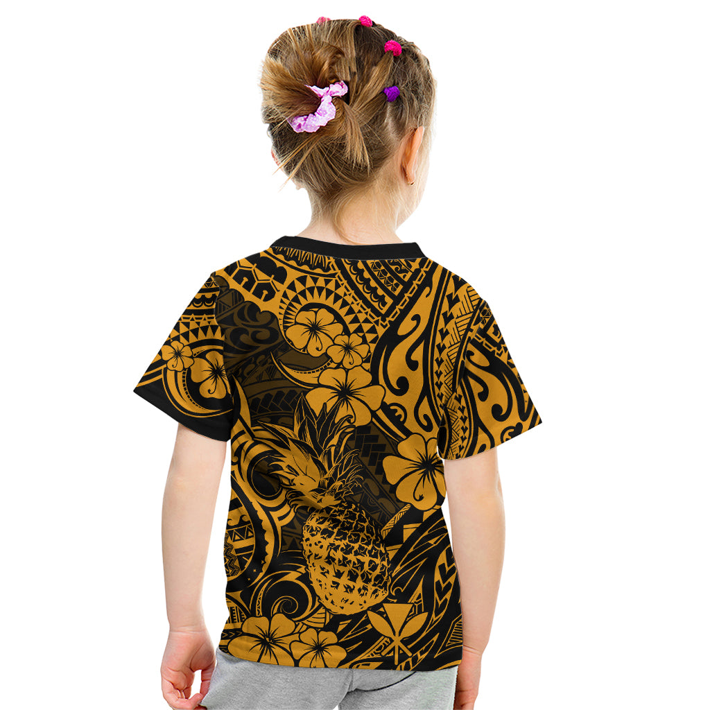 Hawaii Pineapple Kid T Shirt Paradise Flowers Pacific With Gold Polynesian Tribal LT01 - Polynesian Pride