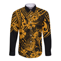 Hawaii Pineapple Long Sleeve Button Shirt Paradise Flowers Pacific With Gold Polynesian Tribal LT01 Unisex Gold - Polynesian Pride