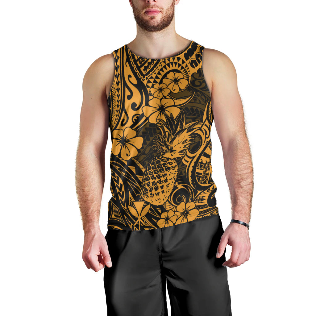 Hawaii Pineapple Men Tank Top Paradise Flowers Pacific With Gold Polynesian Tribal LT01 - Polynesian Pride