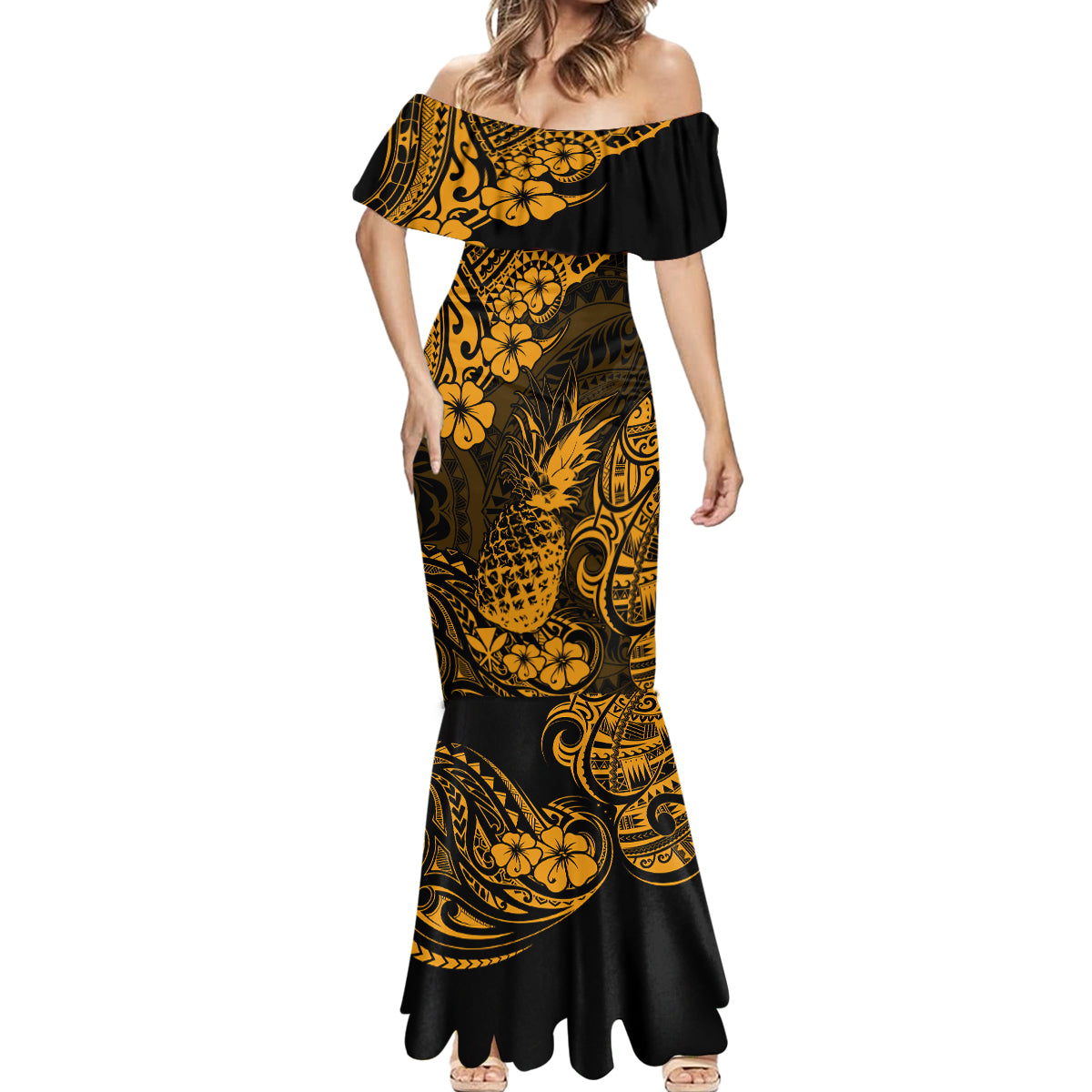 Hawaii Pineapple Mermaid Dress Paradise Flowers Pacific With Gold Polynesian Tribal LT01 - Polynesian Pride