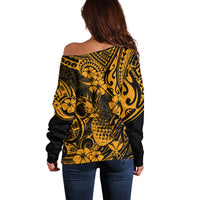 Hawaii Pineapple Off Shoulder Sweater Paradise Flowers Pacific With Gold Polynesian Tribal LT01 - Polynesian Pride