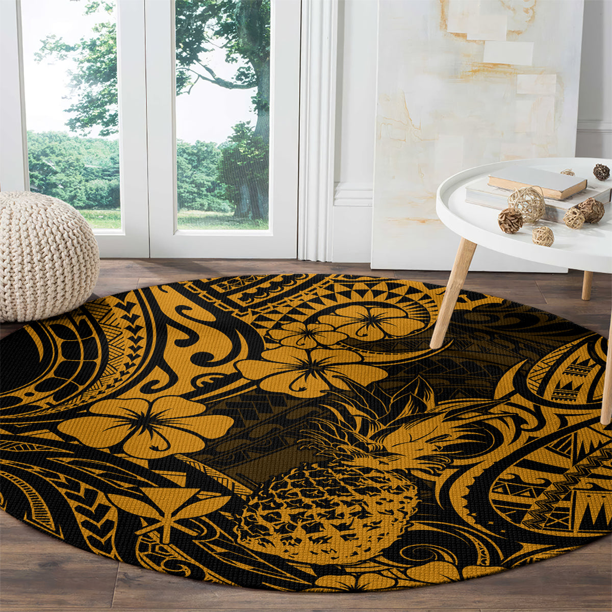 Hawaii Pineapple Round Carpet Paradise Flowers Pacific With Gold Polynesian Tribal LT01 - Polynesian Pride