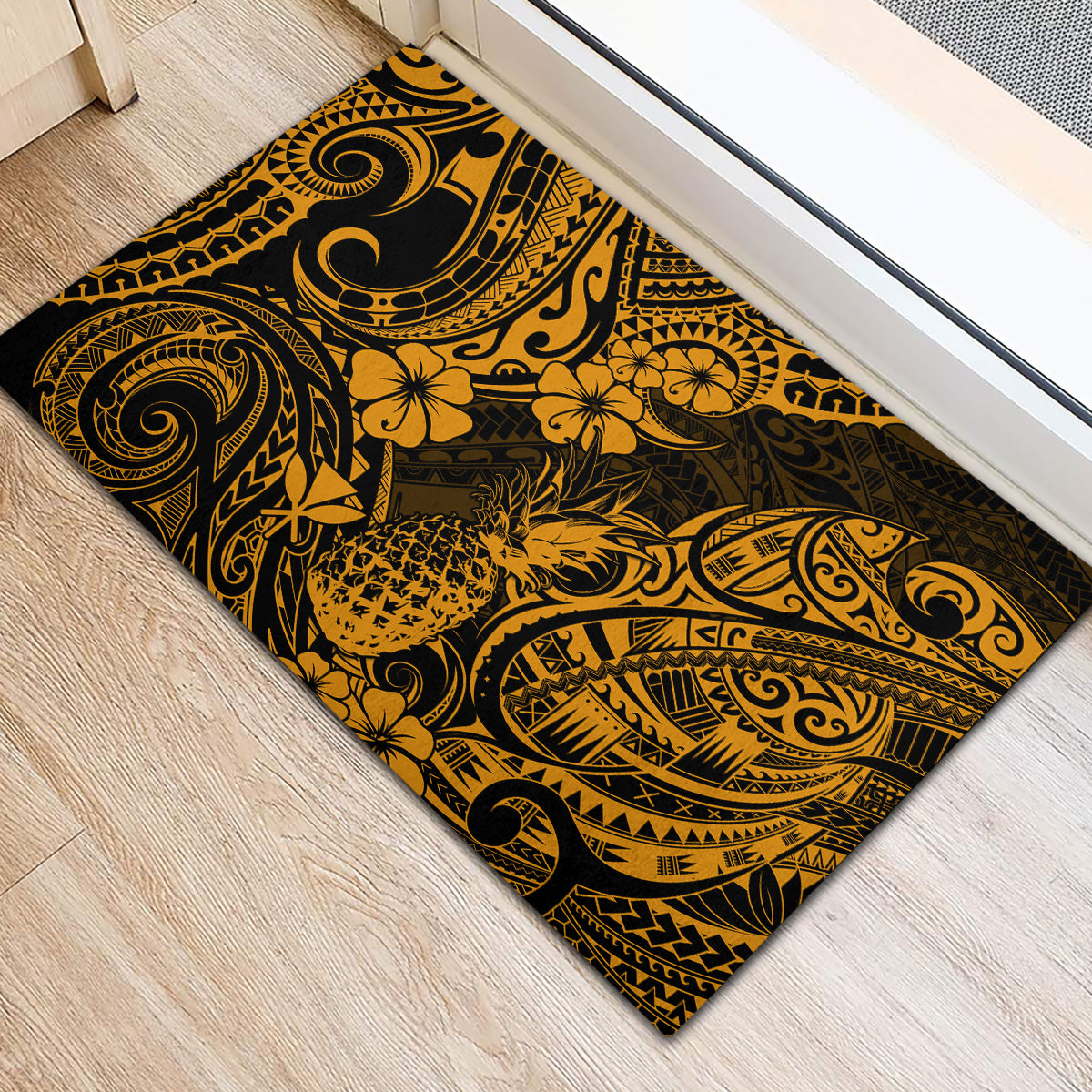Hawaii Pineapple Rubber Doormat Paradise Flowers Pacific With Gold Polynesian Tribal LT01 - Polynesian Pride