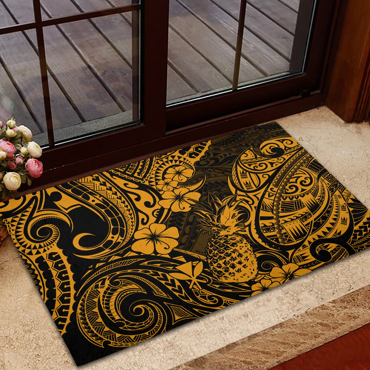 Hawaii Pineapple Rubber Doormat Paradise Flowers Pacific With Gold Polynesian Tribal LT01 - Polynesian Pride