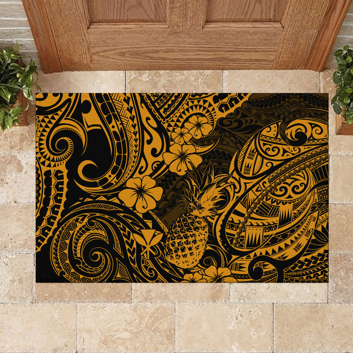 Hawaii Pineapple Rubber Doormat Paradise Flowers Pacific With Gold Polynesian Tribal LT01 - Polynesian Pride