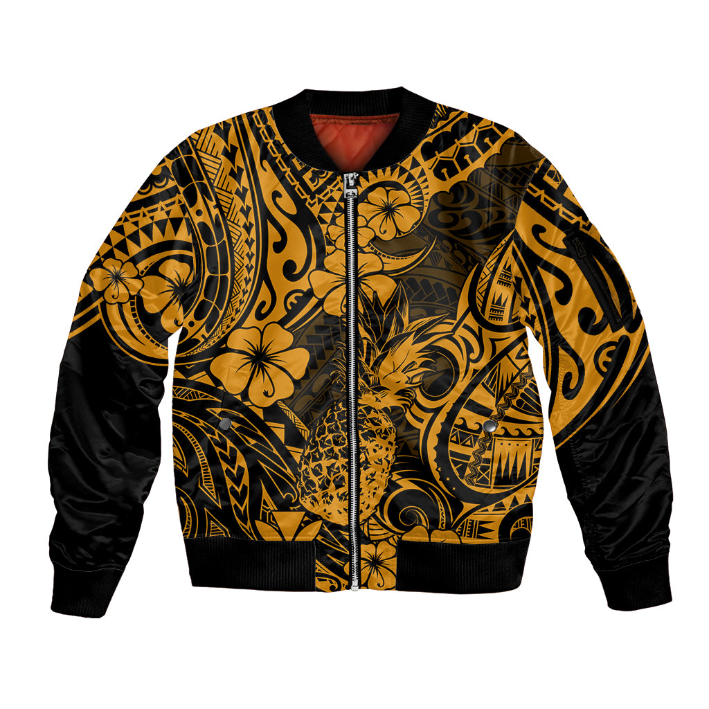 Hawaii Pineapple Sleeve Zip Bomber Jacket Paradise Flowers Pacific With Gold Polynesian Tribal LT01 Unisex Gold - Polynesian Pride
