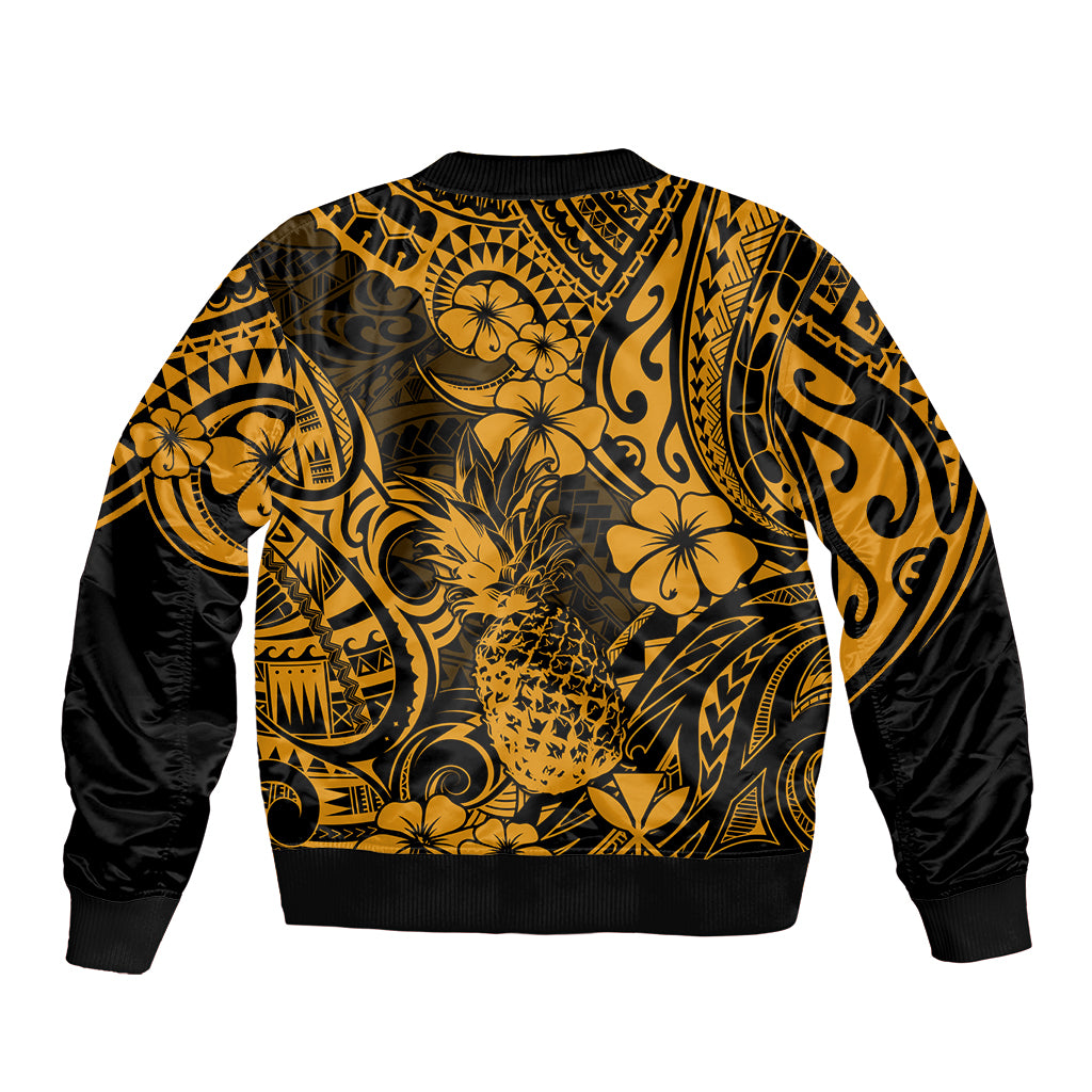 Hawaii Pineapple Sleeve Zip Bomber Jacket Paradise Flowers Pacific With Gold Polynesian Tribal LT01 - Polynesian Pride