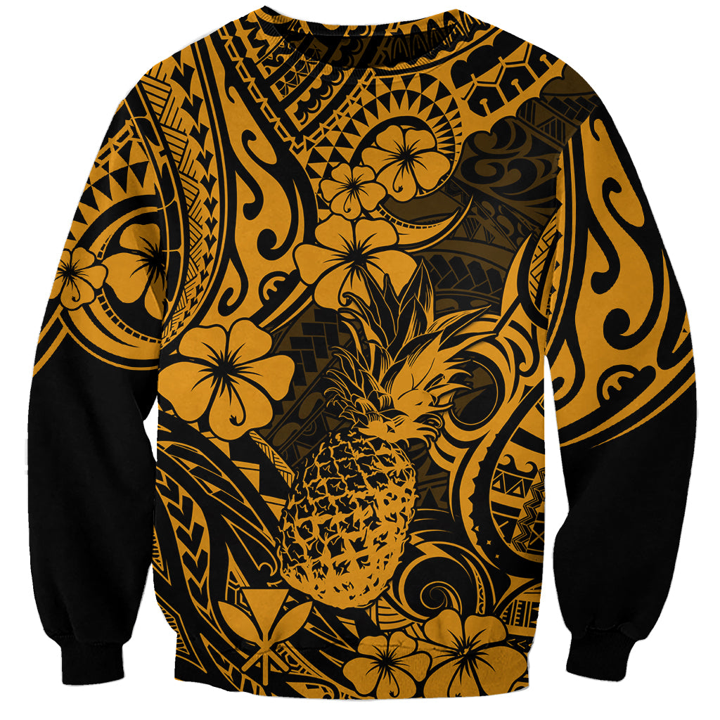 Hawaii Pineapple Sweatshirt Paradise Flowers Pacific With Gold Polynesian Tribal LT01 Unisex Gold - Polynesian Pride