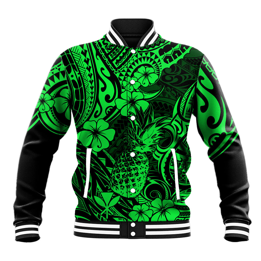 Hawaii Pineapple Baseball Jacket Paradise Flowers Pacific With Green Polynesian Tribal LT01 Unisex Green - Polynesian Pride
