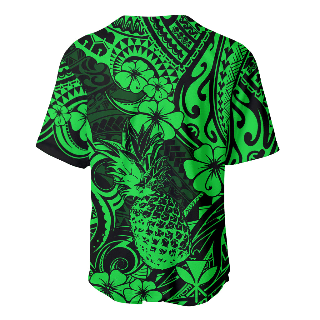 Hawaii Pineapple Baseball Jersey Paradise Flowers Pacific With Green Polynesian Tribal LT01 - Polynesian Pride