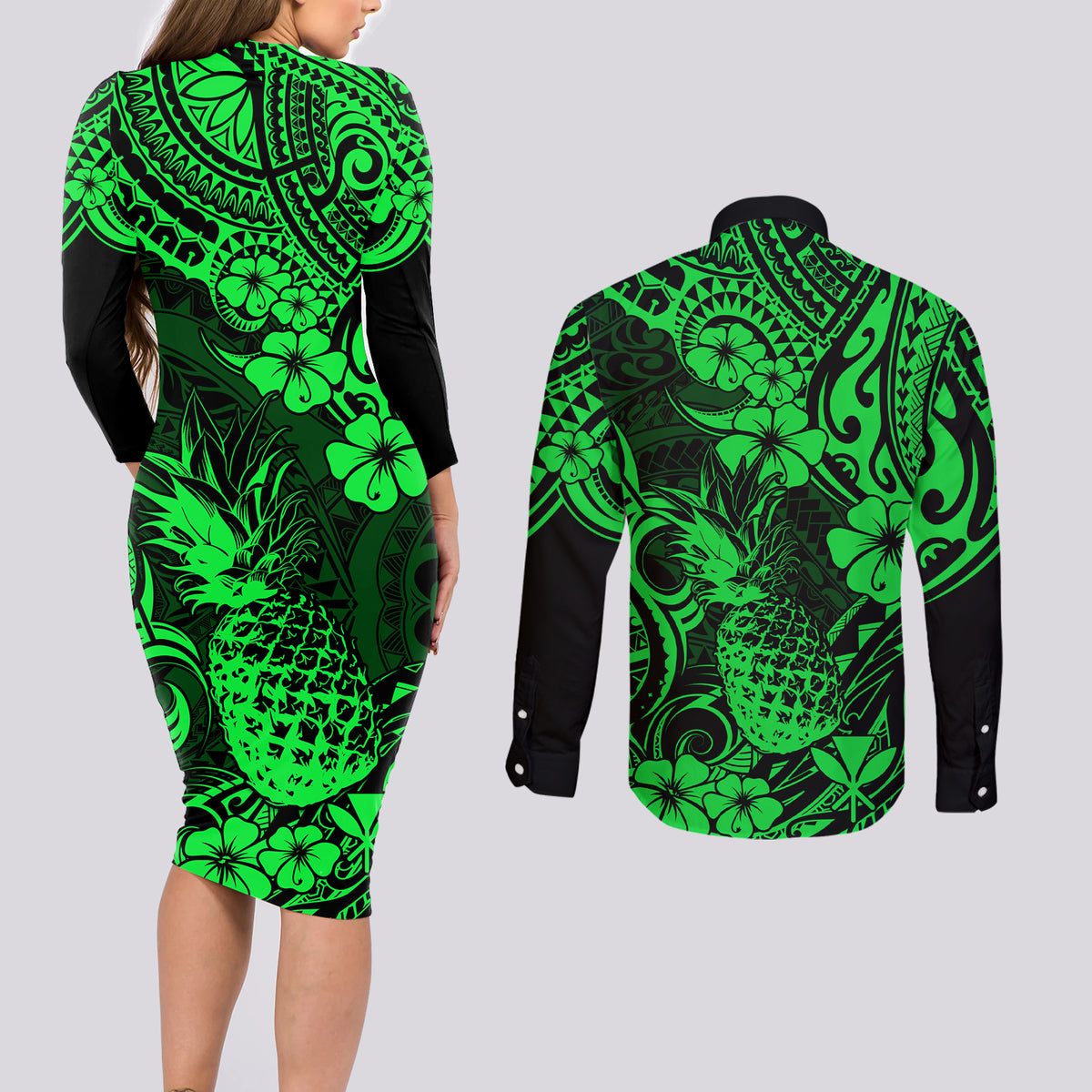 Hawaii Pineapple Couples Matching Long Sleeve Bodycon Dress and Long Sleeve Button Shirts Paradise Flowers Pacific With Green Polynesian Tribal LT01 - Polynesian Pride