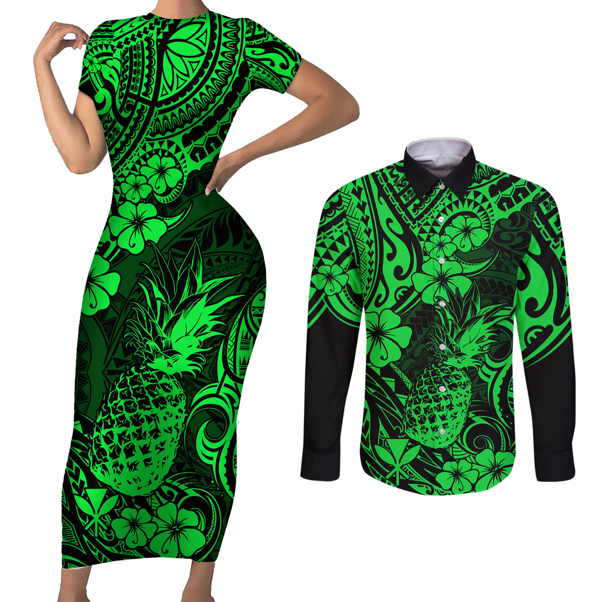 Hawaii Pineapple Couples Matching Short Sleeve Bodycon Dress and Long Sleeve Button Shirts Paradise Flowers Pacific With Green Polynesian Tribal LT01 Green - Polynesian Pride