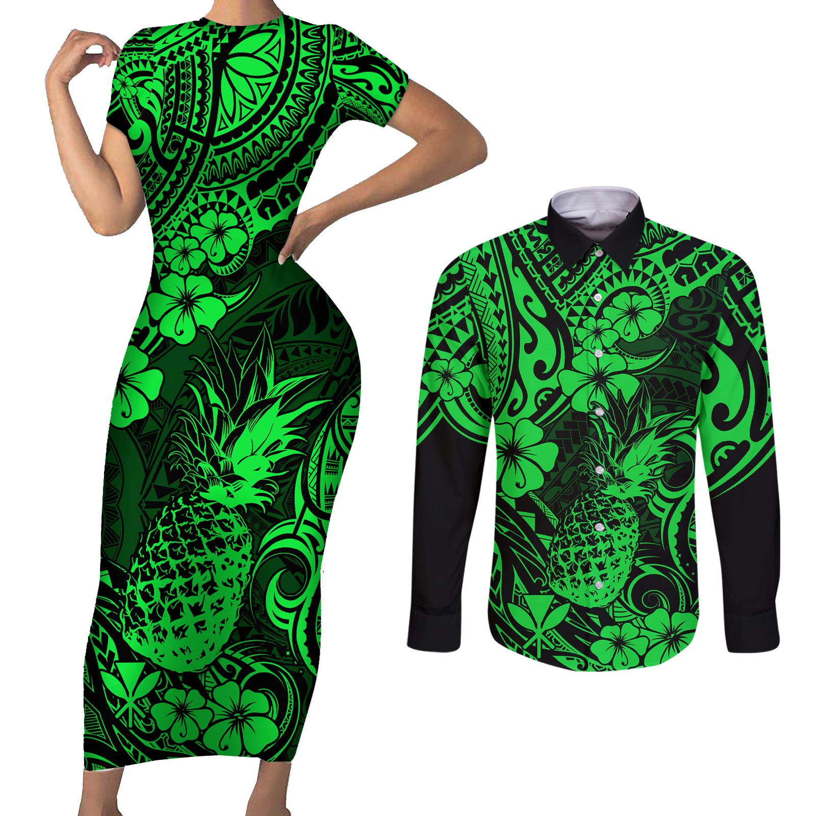 Hawaii Pineapple Couples Matching Short Sleeve Bodycon Dress and Long Sleeve Button Shirts Paradise Flowers Pacific With Green Polynesian Tribal LT01 Green - Polynesian Pride