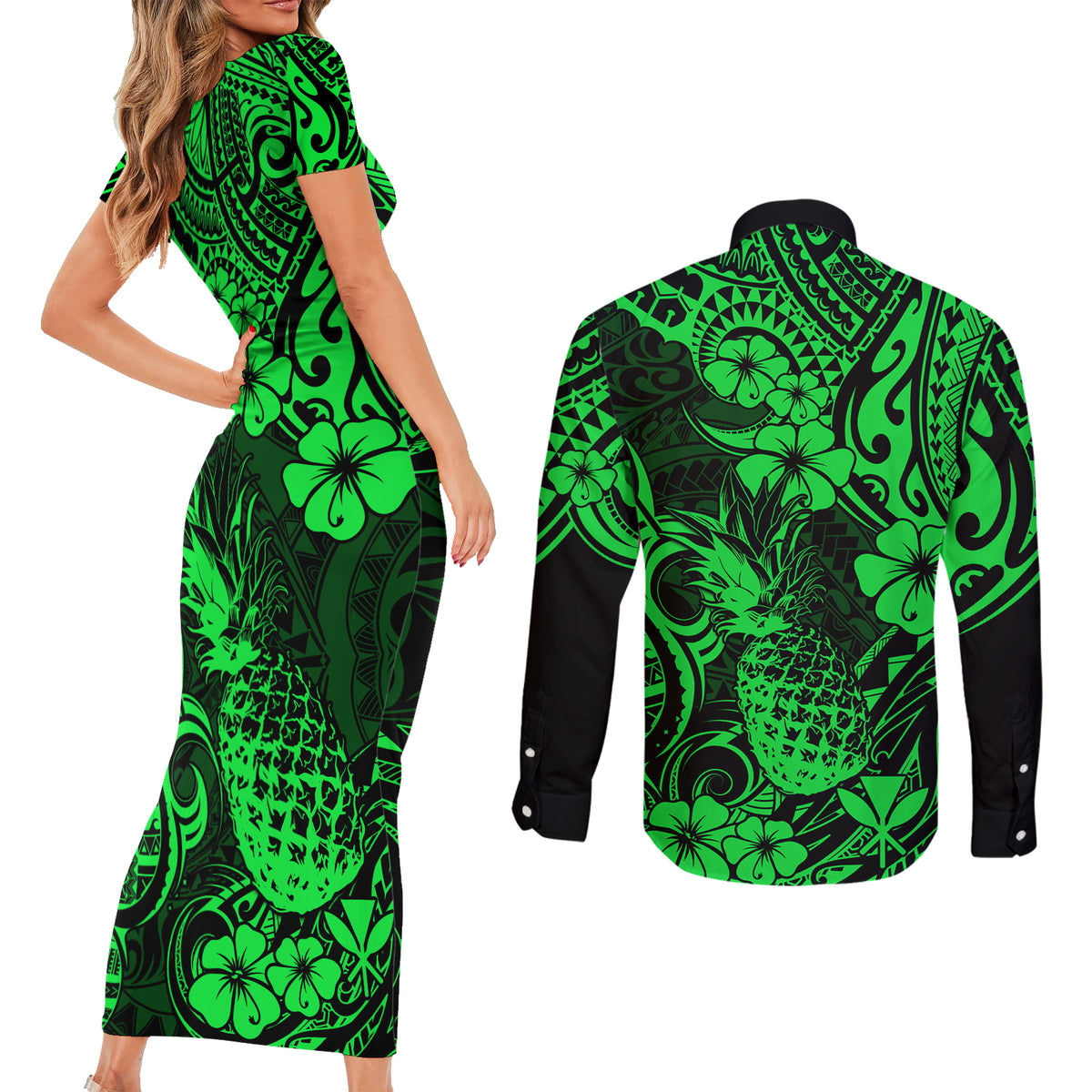 Hawaii Pineapple Couples Matching Short Sleeve Bodycon Dress and Long Sleeve Button Shirts Paradise Flowers Pacific With Green Polynesian Tribal LT01 - Polynesian Pride