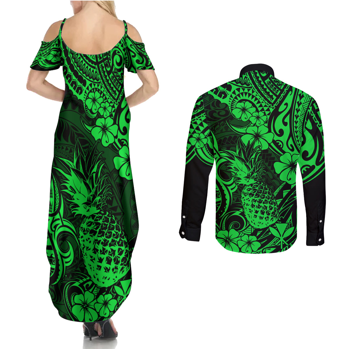 Hawaii Pineapple Couples Matching Summer Maxi Dress and Long Sleeve Button Shirts Paradise Flowers Pacific With Green Polynesian Tribal LT01 - Polynesian Pride