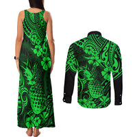 Hawaii Pineapple Couples Matching Tank Maxi Dress and Long Sleeve Button Shirts Paradise Flowers Pacific With Green Polynesian Tribal LT01 - Polynesian Pride