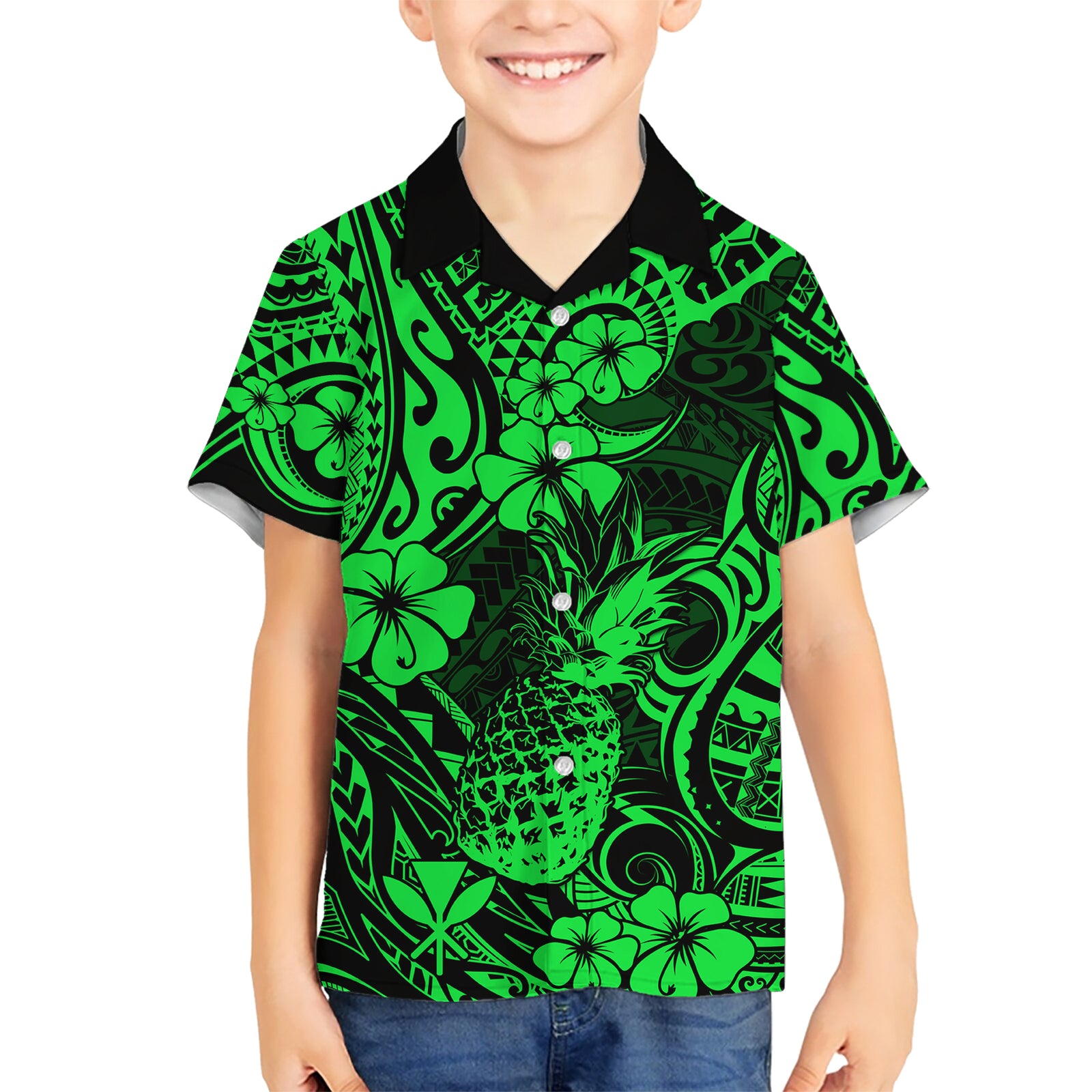 Hawaii Pineapple Kid Hawaiian Shirt Paradise Flowers Pacific With Green Polynesian Tribal LT01 Kid Green - Polynesian Pride