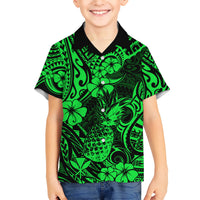 Hawaii Pineapple Kid Hawaiian Shirt Paradise Flowers Pacific With Green Polynesian Tribal LT01 Kid Green - Polynesian Pride